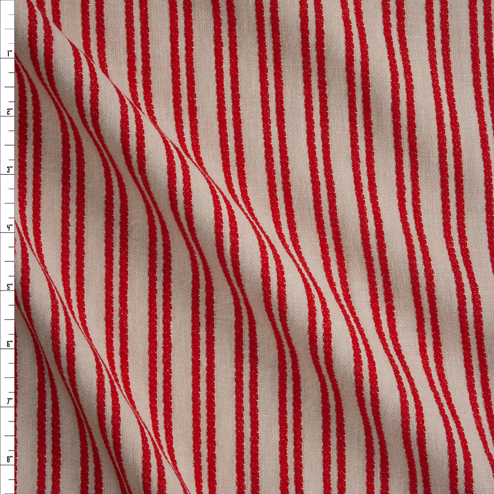 Cali Fabrics Red and Oatmeal Textured Vertical Stripe Soft Cotton Twill