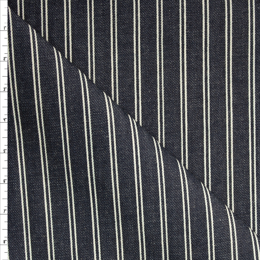 Cali Fabrics Offwhite Stripes on Black Designer Denim Fabric by the Yard