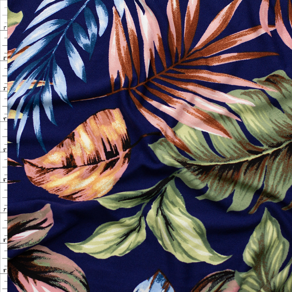 Cali Fabrics Tan, Green, and Teal Leaves and Palms on Navy Double ...