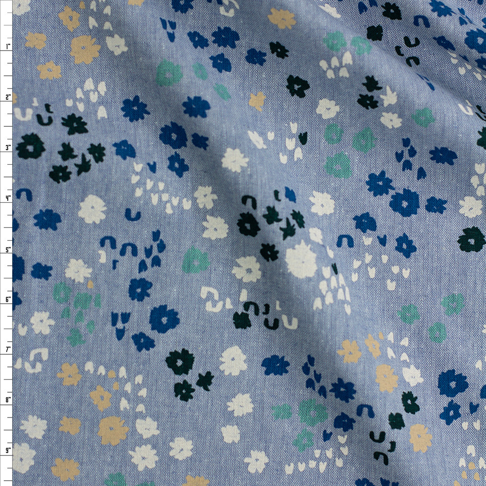 Cali Fabrics Paint Floral on Light Blue Chambray Linen/Cotton from