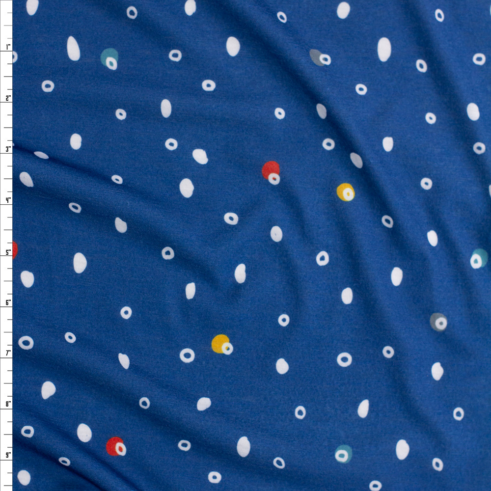 Cali Fabrics White, Red, and Sage Dots on Denim Blue Spun Polyester