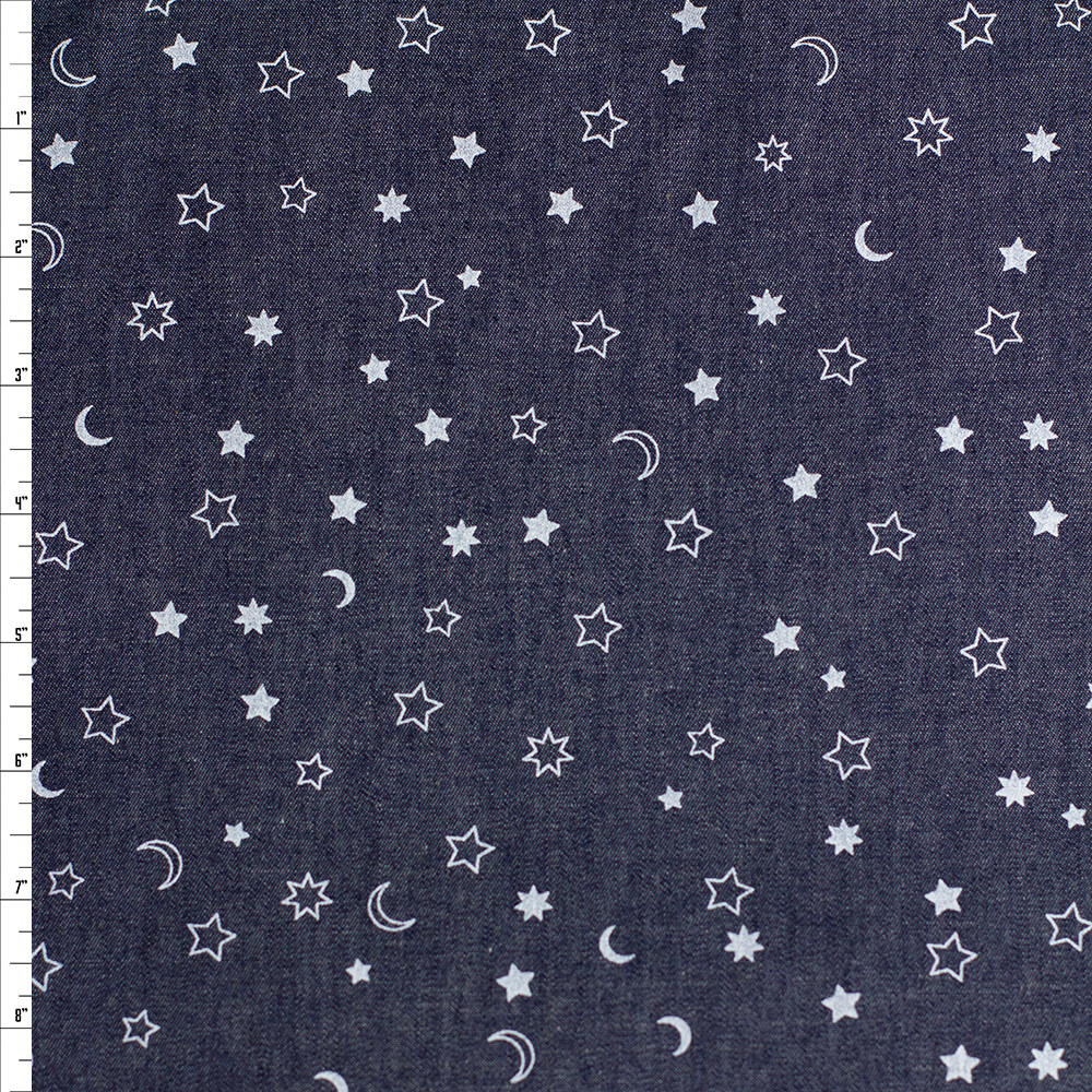 Cali Fabrics White Moons and Stars on Dark Indigo Lightweight Denim ...