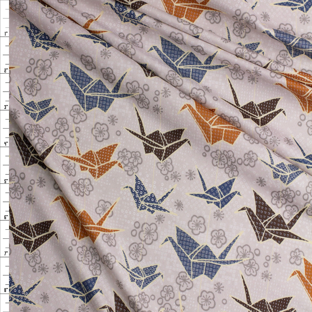 Cali Fabrics Paper Cranes and Flowers on Light Grey Double Brushed Poly/Spandex Knit Fabric by
