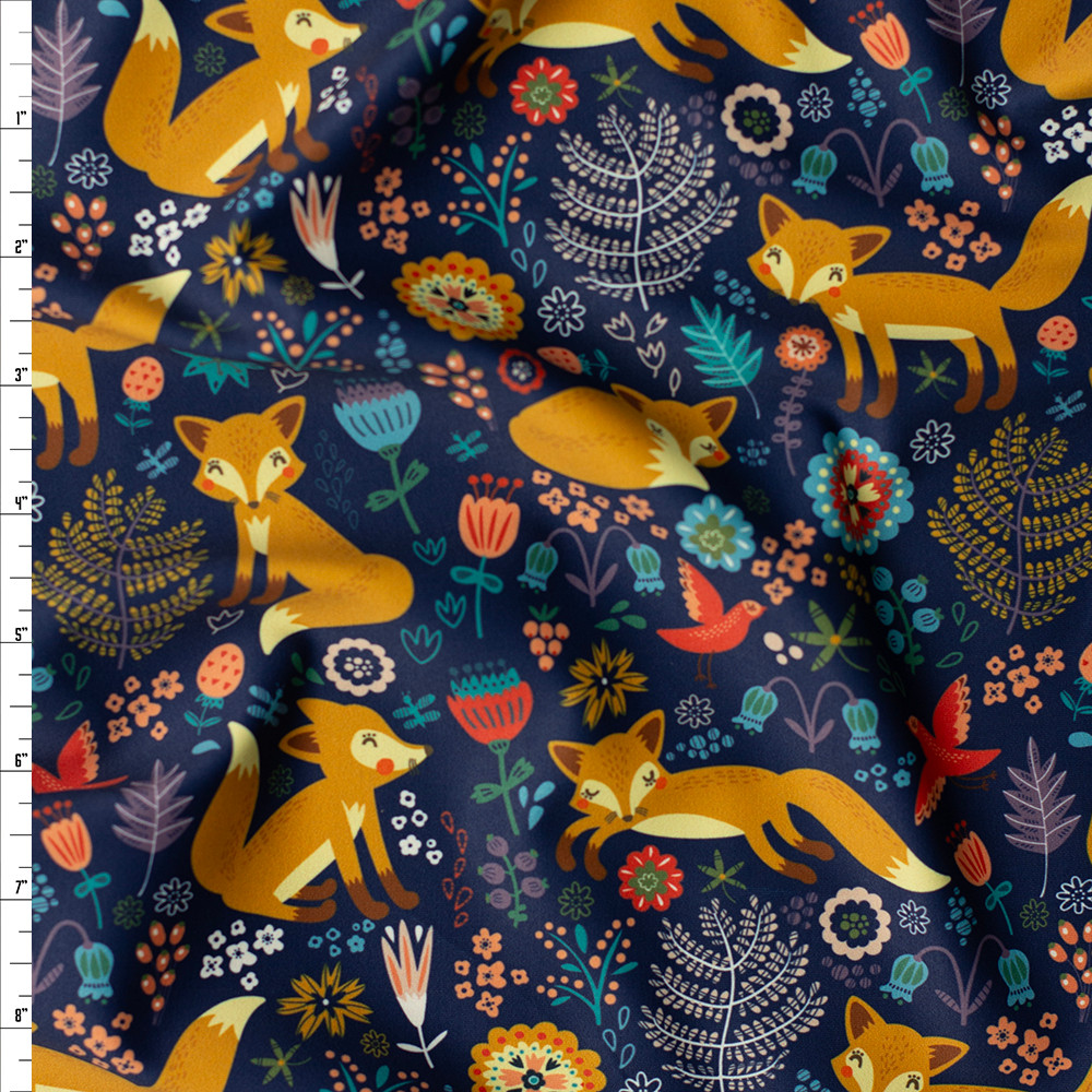 Cali Fabrics Foxes and Birds on Navy Nylon/Spandex Fabric by the Yard