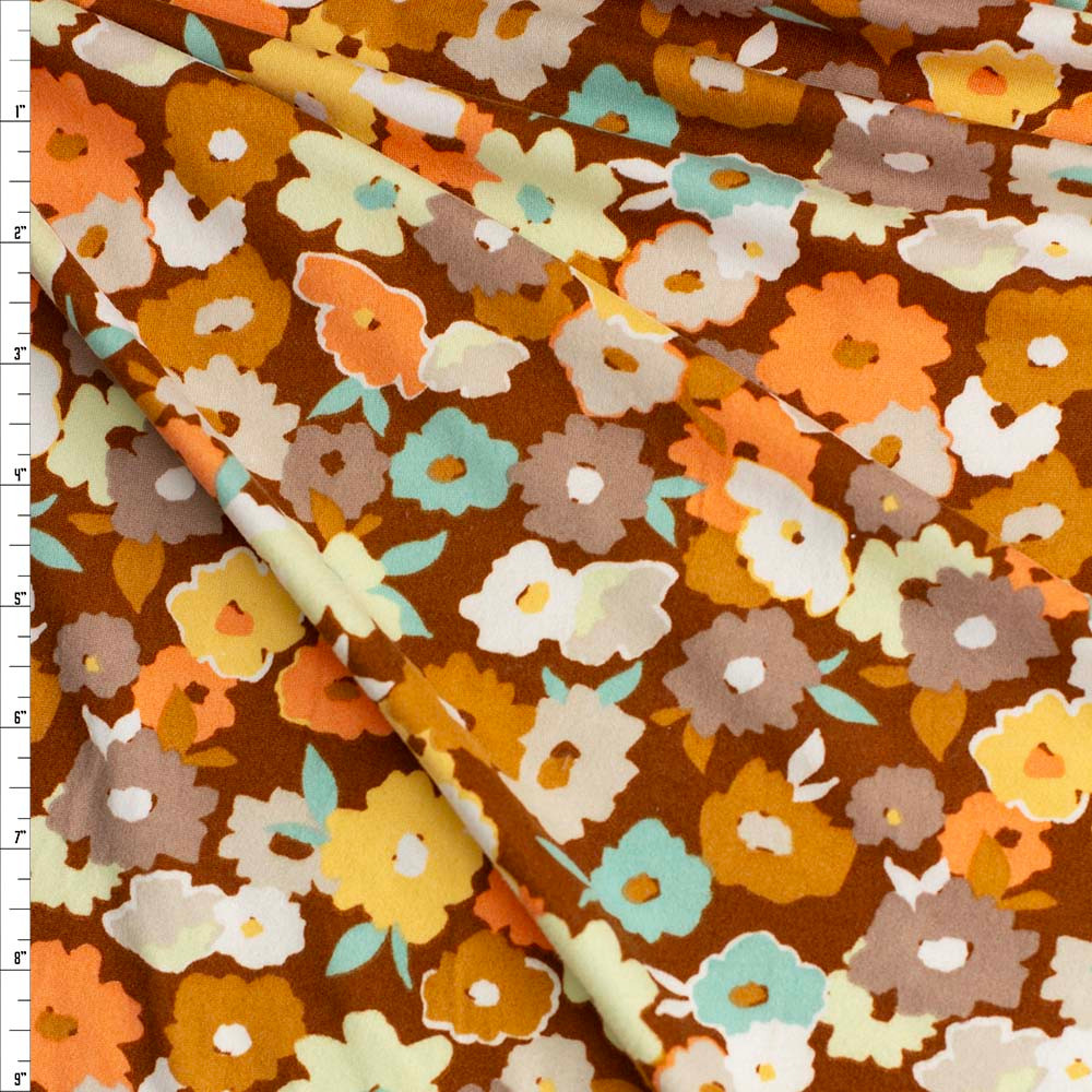 Cali Fabrics Paint Blot Floral on Brown Double Brushed Poly/Spandex