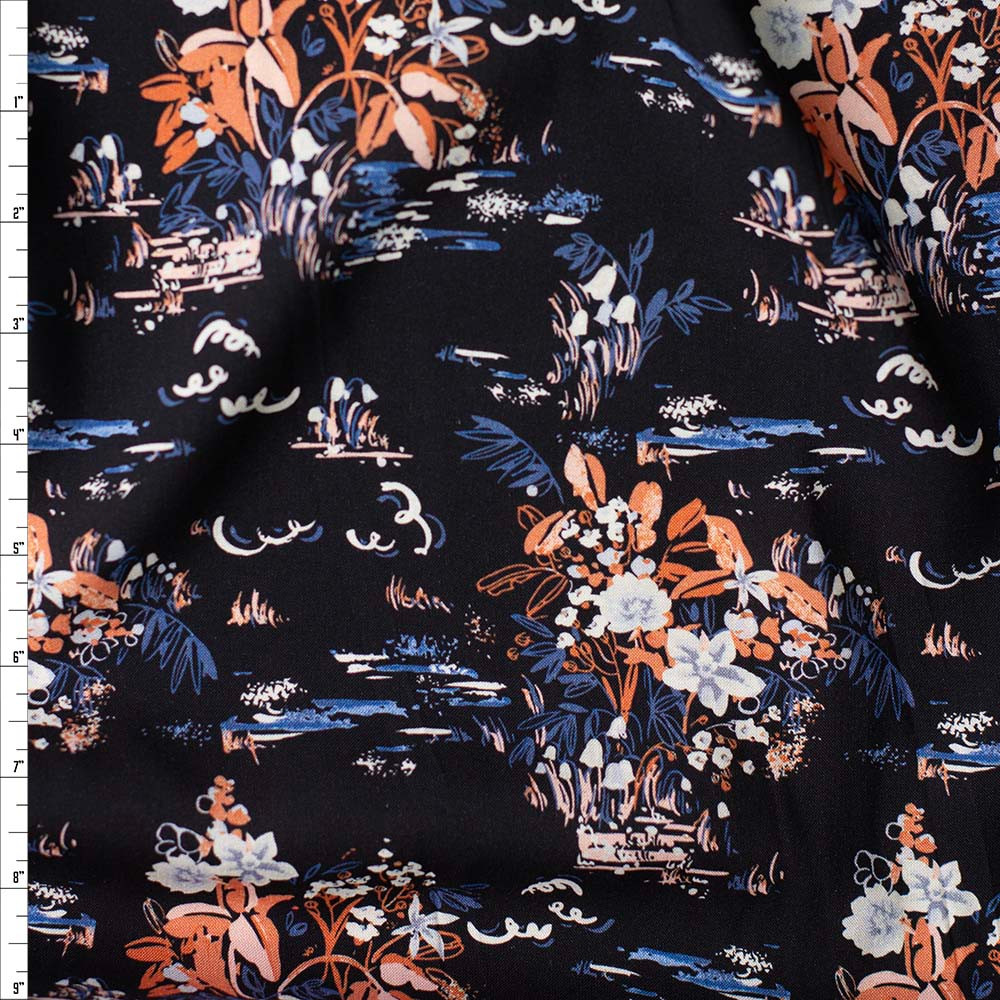 Cali Fabrics Lily Pond Black Rayon Challis Fabric by the Yard