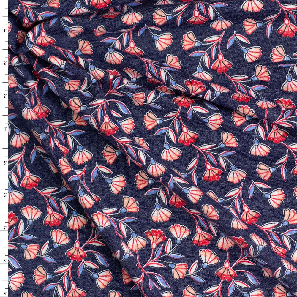 Cali Fabrics Pink and Red Floral on Heather Navy Rayon French Terry
