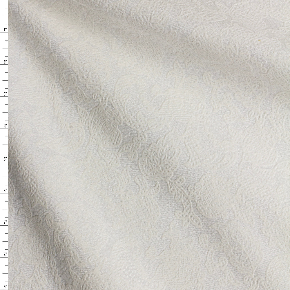 Cali Fabrics Ivory on Ivory Leaf Pattern Stretch Flocked Twill Fabric ...