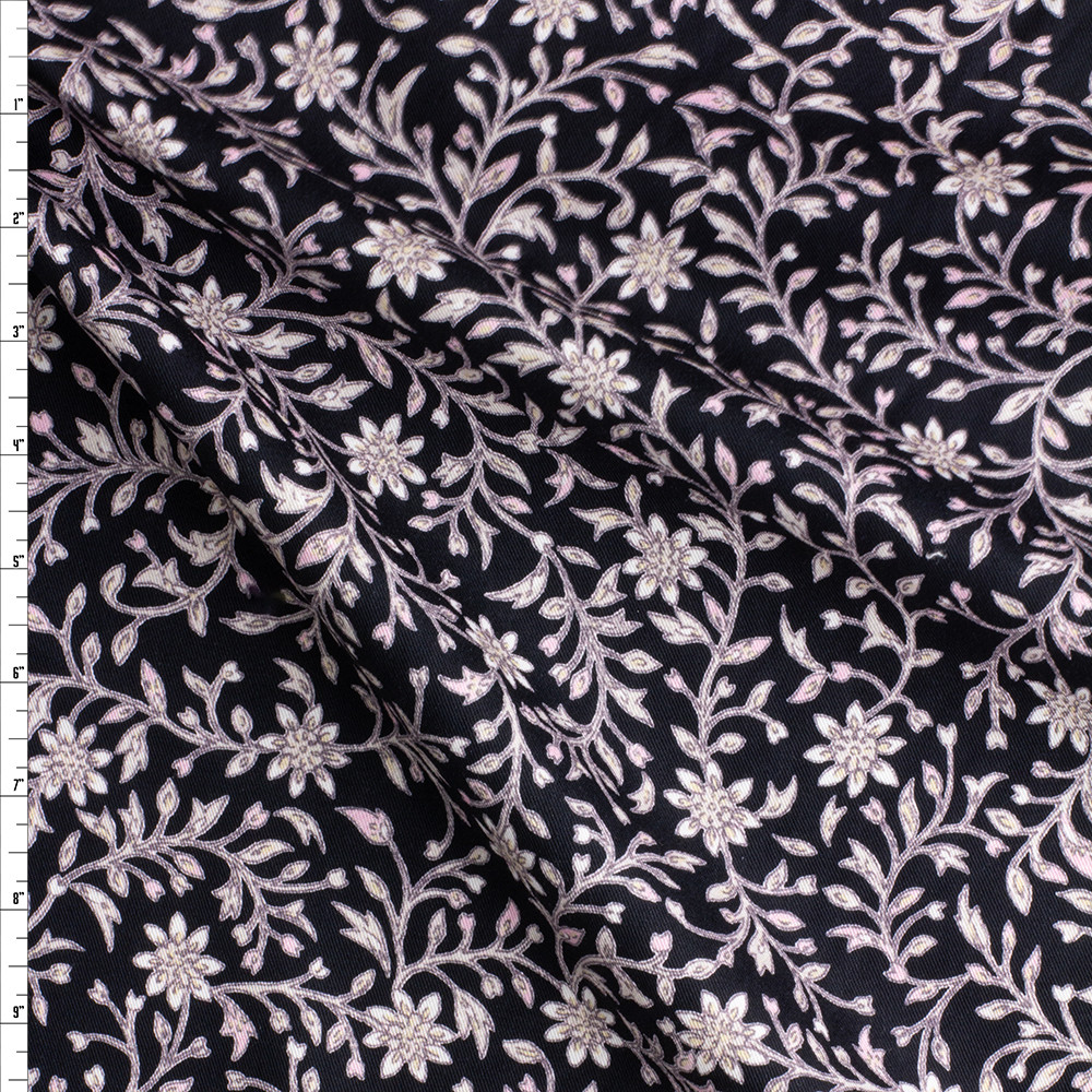 Pink Carnation, Black and White Floral Striped Stretch Cotton Twill -  Stretch Cotton - Cotton - Fashion Fabrics