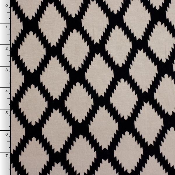 Cali Fabrics | Black and Taupe Serrated Diamond Rayon Lycra Knit Print