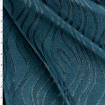 Silver Shimmer Teal On Teal Waves Designer Stretch Velvet Fabric By The Yard