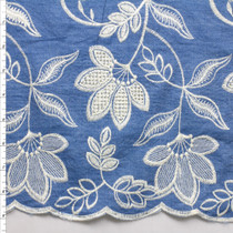 Ivory Floral Scalloped Border Embroidery On Blue Tie Dye Chambray Fabric By The Yard