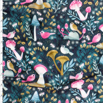 Emerald Wonderland Mushrooms And Birds Double Brushed Poly Fabric By The Yard