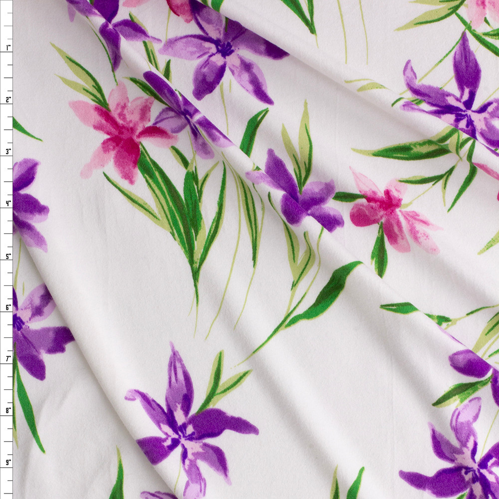 Cali Fabrics Pink And Purple Orchids On White Double Brushed Poly ...