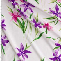 Pink And Purple Orchids On White Double Brushed Poly Fabric By The Yard