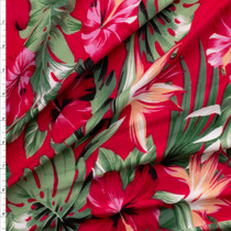 Red Island Hibiscus On Red Double Brushed Poly Fabric By The Yard