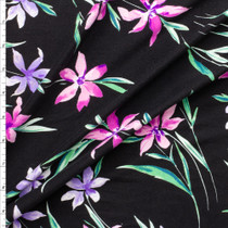 Pink And Purple Orchids On Black Double Brushed Poly Fabric By The Yard