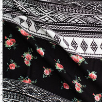 Pink Roses On Black And White Bohemian Horizontal Stripe Rayon Gauze #28188 Fabric By The Yard