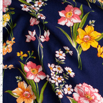 Designer Daffodils On Navy Rayon Gauze #28191 Fabric By The Yard