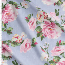 Pink Rose Floral On Sky Blue Linen Look Rayon Challis #28199 Fabric By The Yard