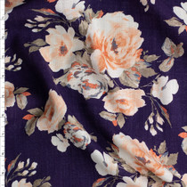 Peach Rose Floral On Navy Blue Linen Look Rayon Challis #28200 Fabric By The Yard