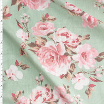 Light Pink Rose Floral On Mint Green Linen Look Rayon Challis #28202 Fabric By The Yard