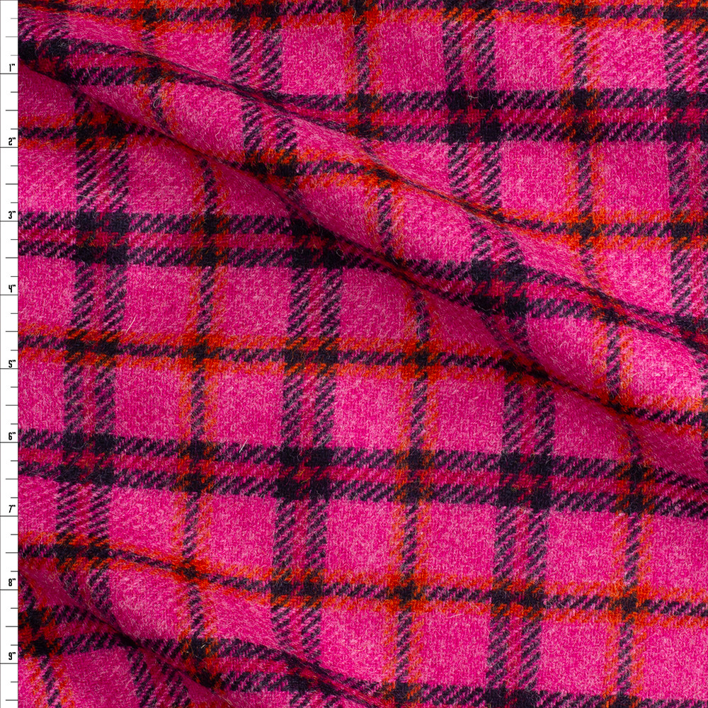 Cali Fabrics Pink And Navy Plaid English Wool Flannel Fabric by the Yard