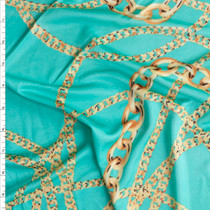 Gold Chains On Bright Aqua Silk Jersey Knit #28695 Fabric By The Yard
