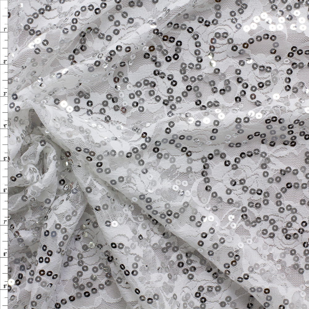 Silver Sequins on White Floral Stretch Lace #29547