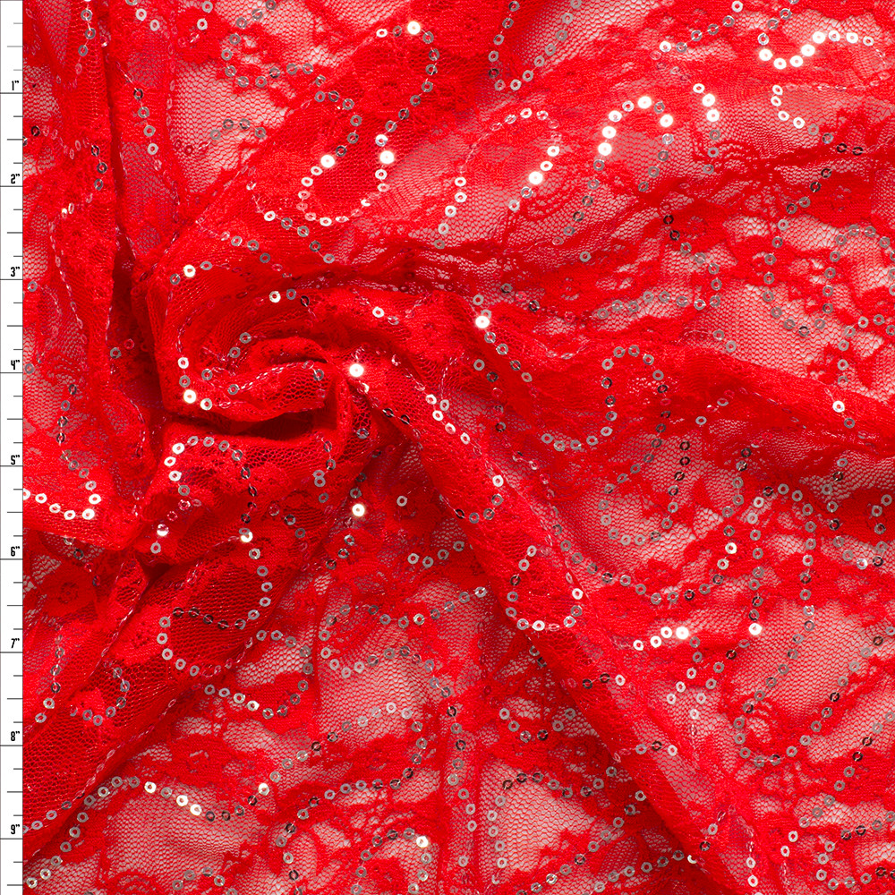 Silver Sequins on Red Floral Stretch Lace #29569