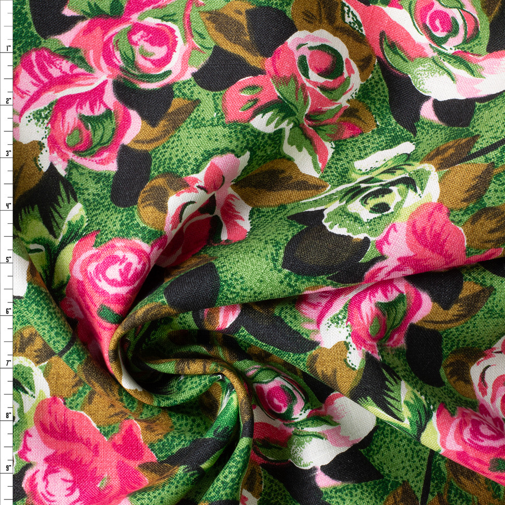 Cali Fabrics Rose Floral on Lime Designer Linen #29720 Fabric by the Yard