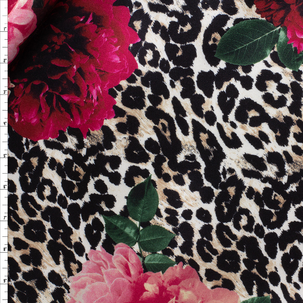 Cali Fabrics Hot Pink Floral on Leopard Print Polyester