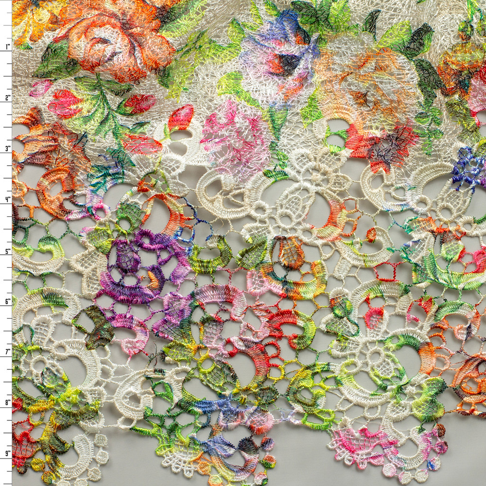 Spring Fabric Material Cali Fabrics Vibrant Spring Floral Print on Ivory Guipure Lace #31276 ...