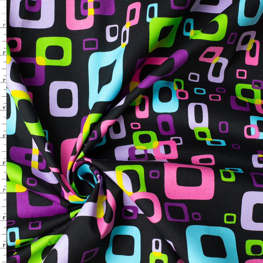 Cali Fabrics Neon Retro Rectangles on Black Stretch Cotton Twill #31310 ...
