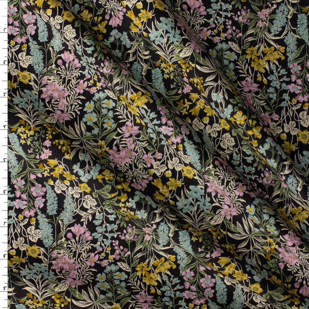 Spring Fabric Material Cali Fabrics Spring Wildblooms on Black Japanese Pinwale Corduroy from ...