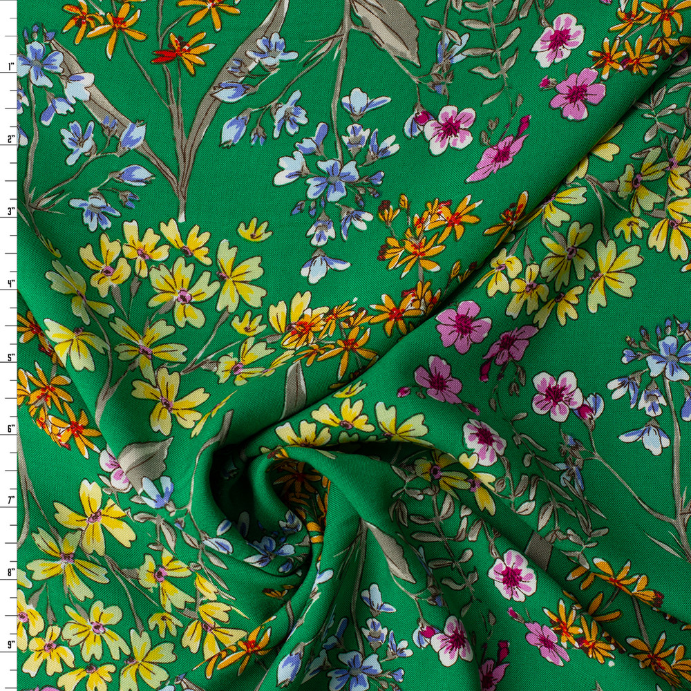 03041● 19aw CALEE Flower pattern L/S Cali Fabrics Wildflower Floral on Green Rayon Challis #32389