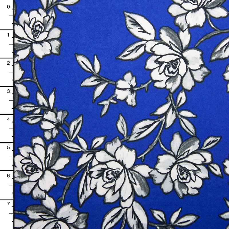 Cali Fabrics Black and White Sketchbook Floral on Royal Blue Double Brushed Poly Fabric by the Yard