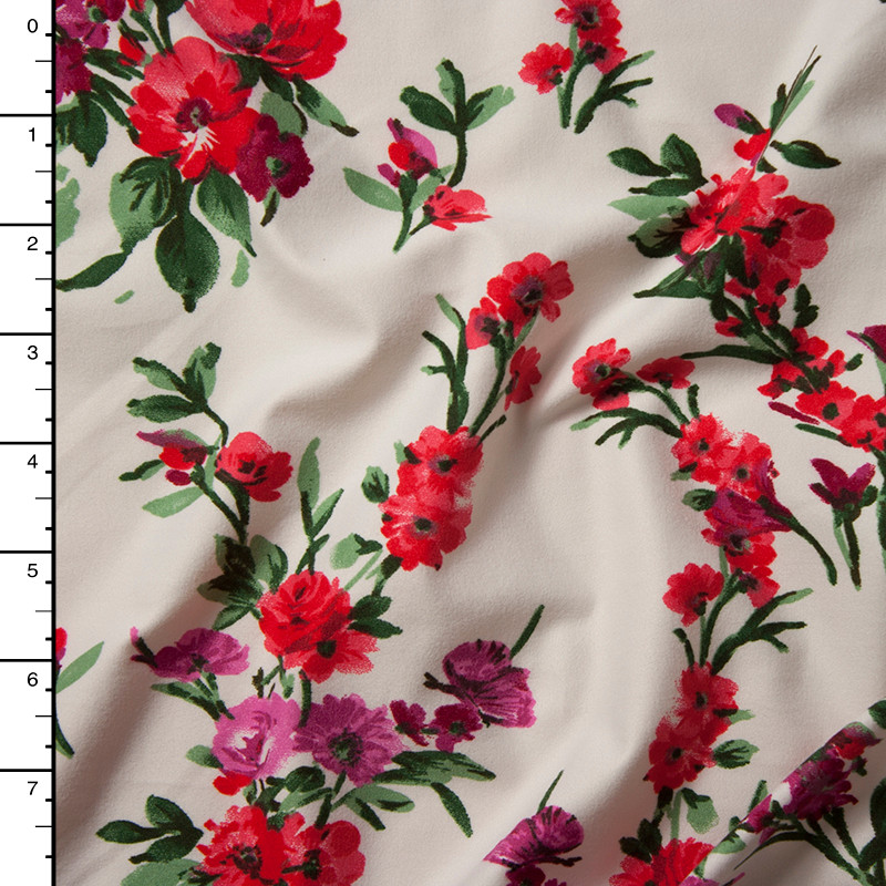 Cali Fabrics Red, Pink, and Green Brushstroke Floral on Ivory Double ...