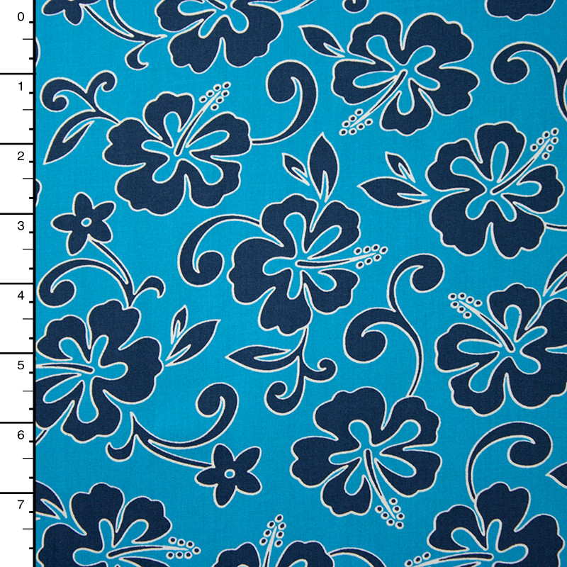 Cali Fabrics Turquoise And Navy Hawaiian Print Cotton By Robert