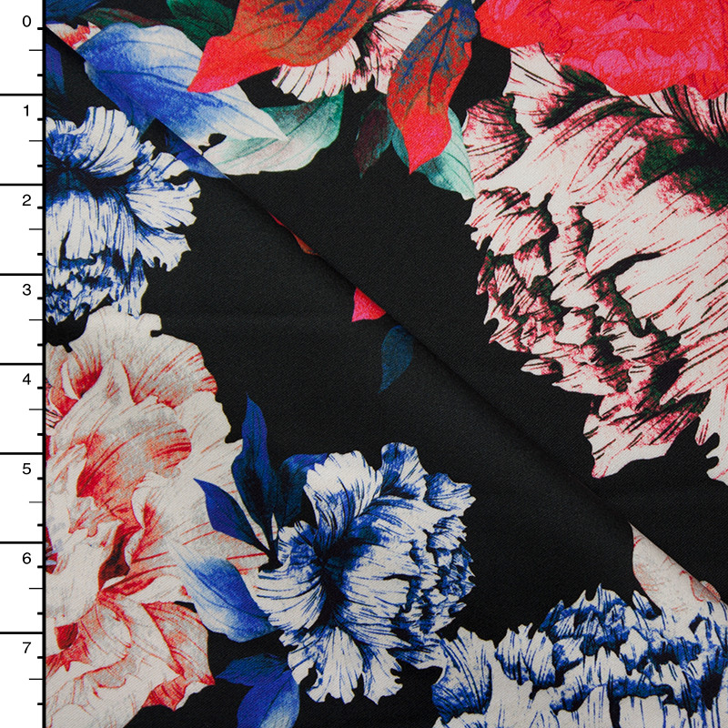 Cali Fabrics Red, White, and Blue Floral on Black Stretch Heavyweight ...