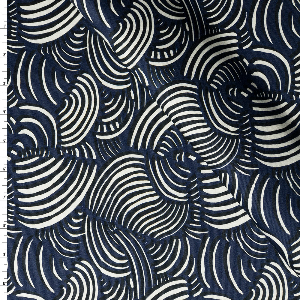 Cali Fabrics Black and White Swirls on Navy Blue Stretch Sateen from ‘7 ...