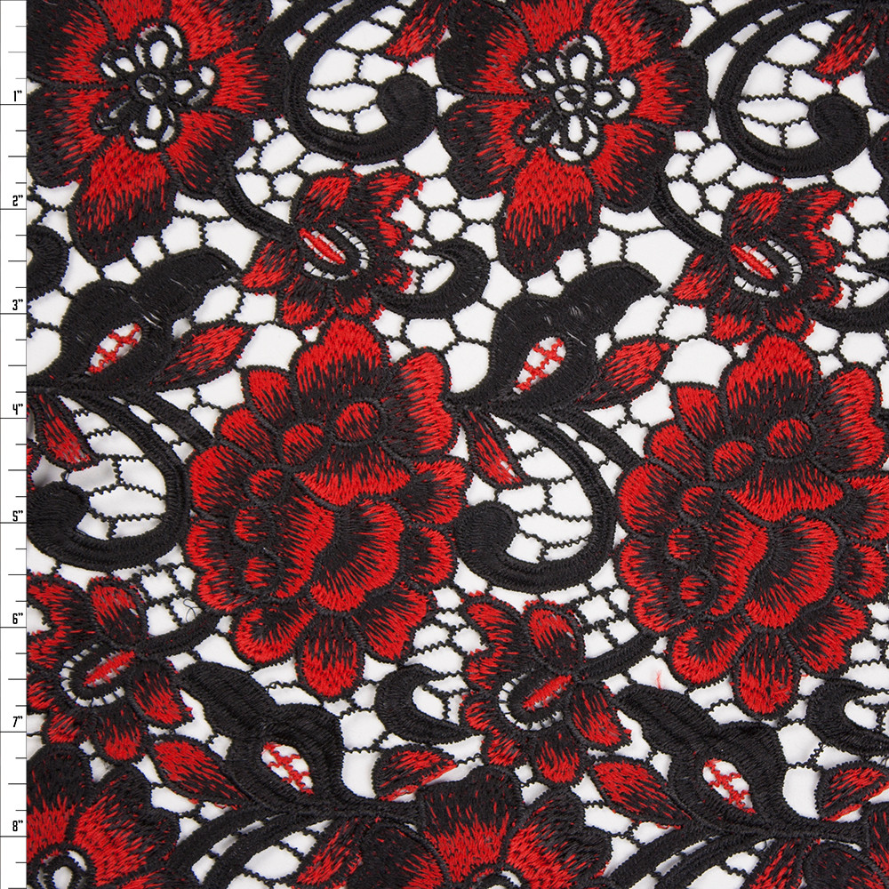 Cali Fabrics Black And Red Flowers And Scrollwork Designer Lace Fabric