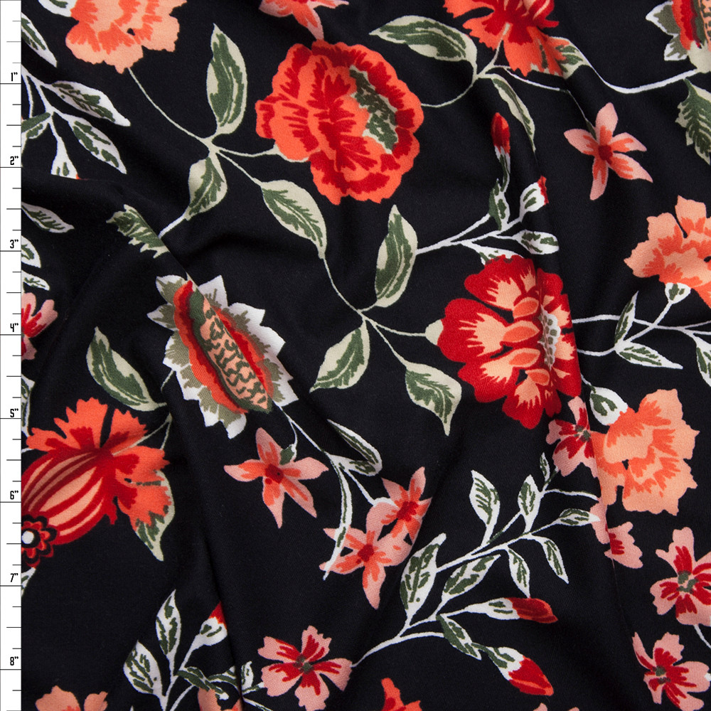 Cali Fabrics Red and Coral Hand Painted Style Floral on Black Double ...