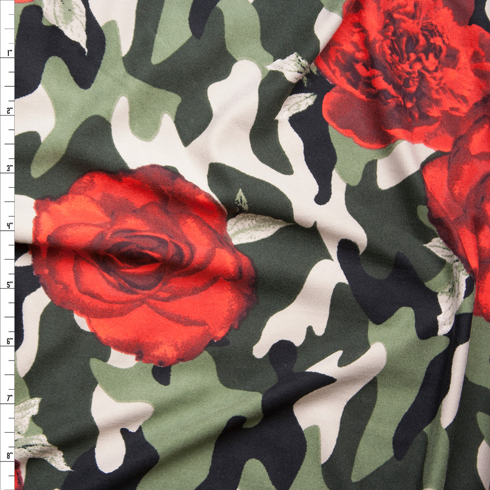 Cali Fabrics Red Roses on Classic Camouflage Double Brushed Poly ...