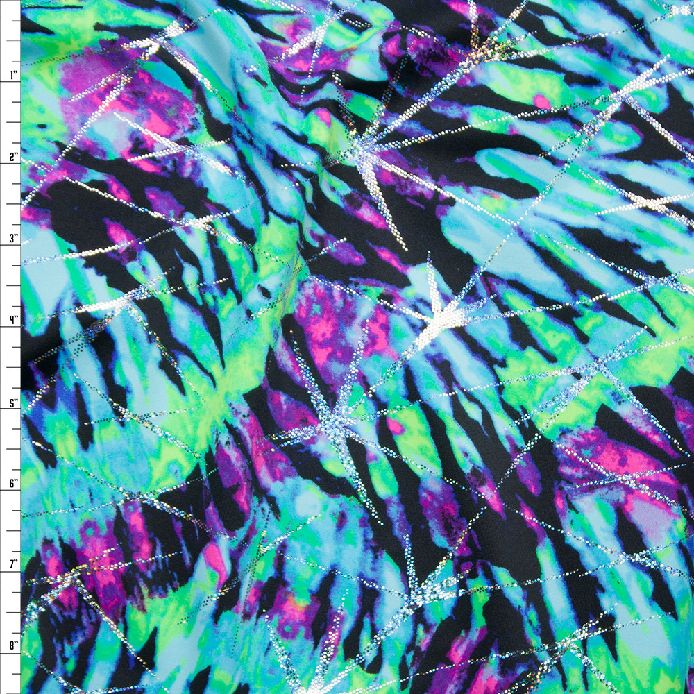 Cali Fabrics Purple, Aqua, Black, and Lime Tie Dye Print Spandex With ...