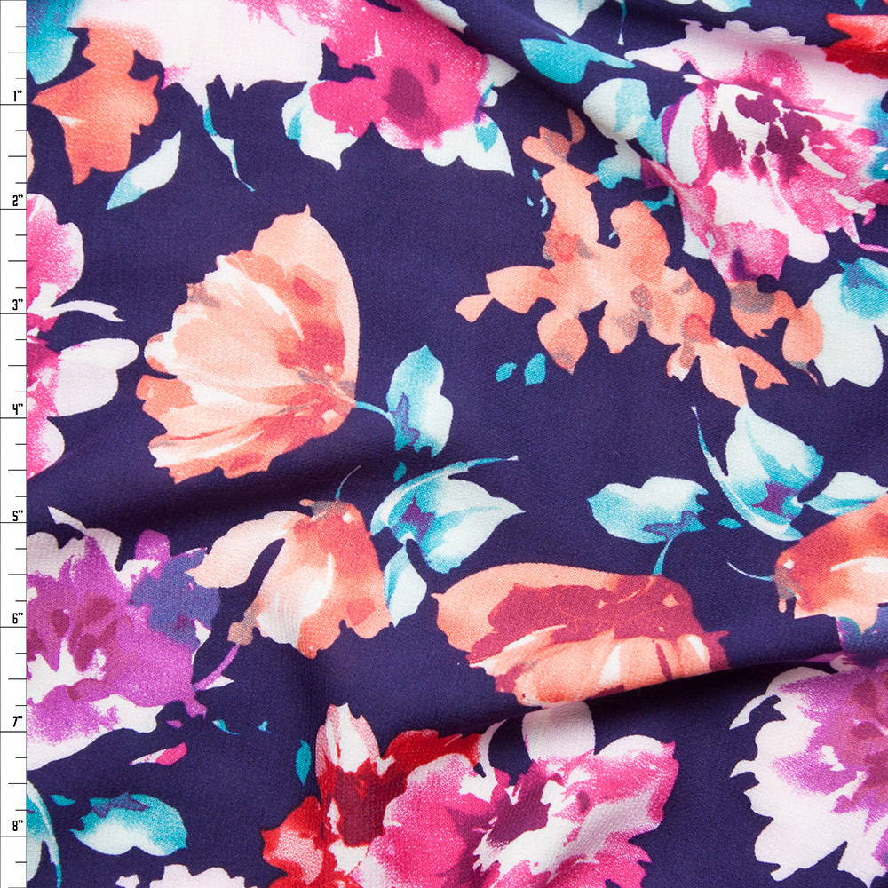 Cali Fabrics Peach, Hot Pink, Red, and Aqua Floral on Dark Purple Rayon ...