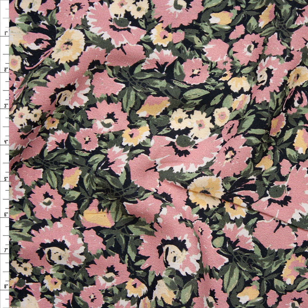 Cali Fabrics Dusty Rose, Yellow, and Sage Floral on Black Rayon Crepe ...