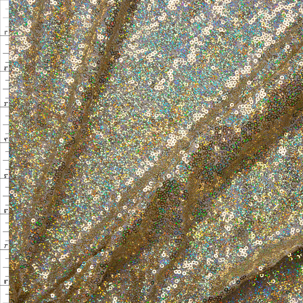 Gold Iridescent Full Sequin Fabric for Dress, Gold Hologram