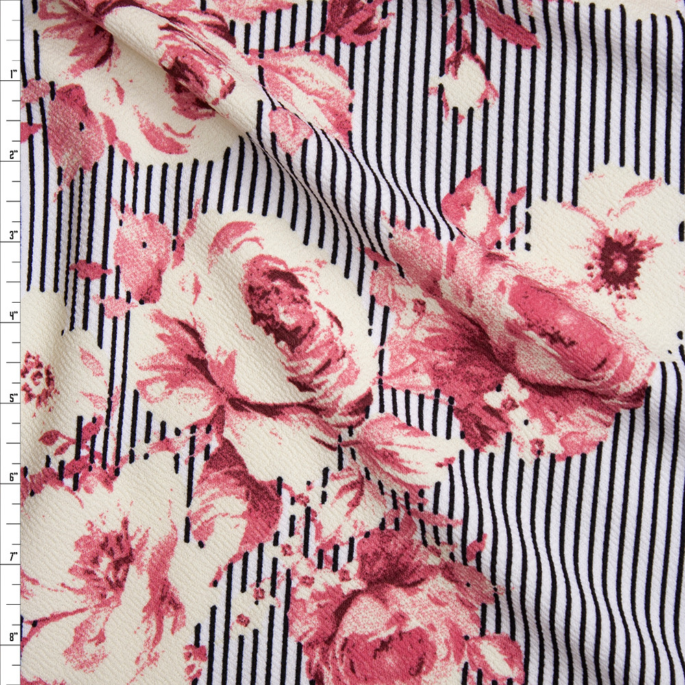 Cali Fabrics Pink and Ivory Flowers on Black and White Vertical Stripes ...