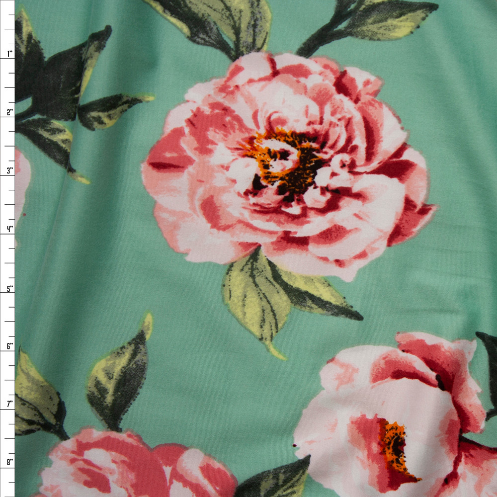 Cali Fabrics Pink Roses on Mint Double Brushed Poly Spandex Fabric by ...